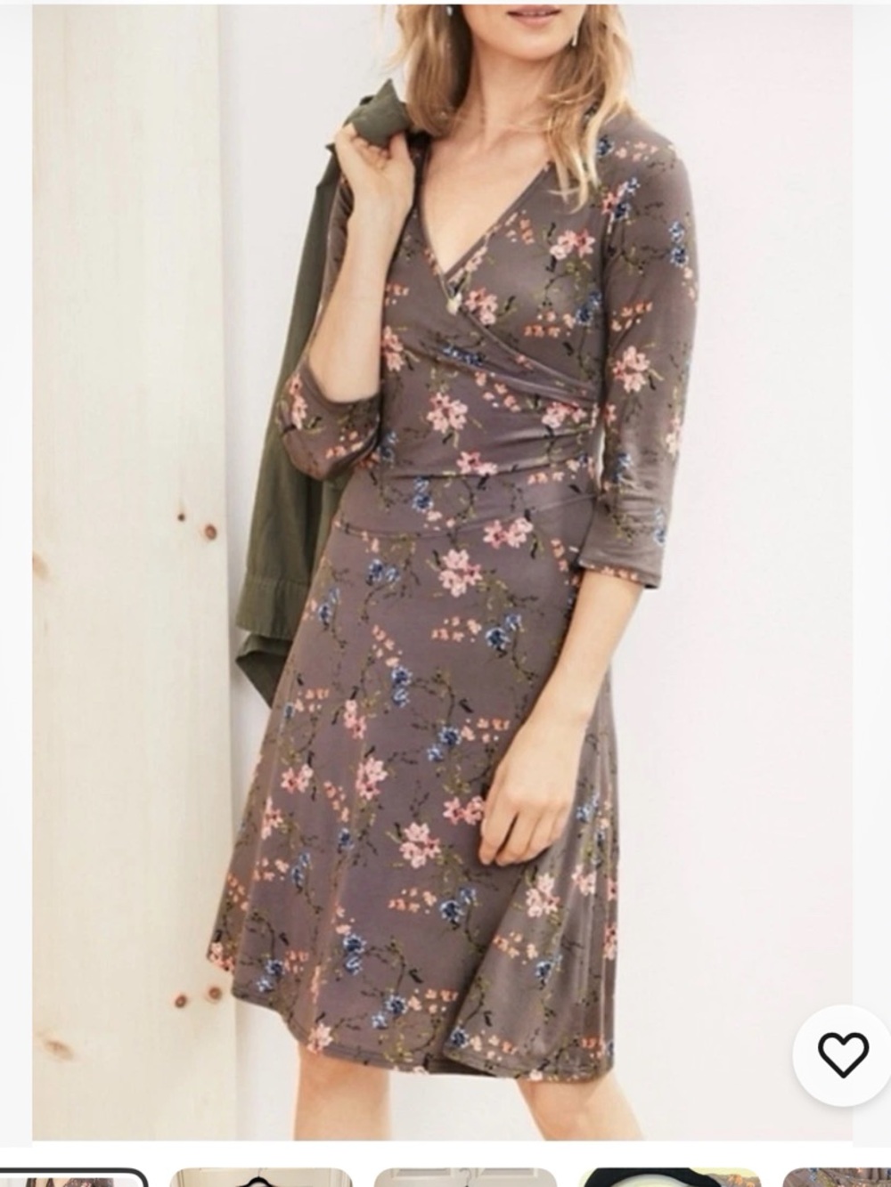 Garnet Hill Brianna Floral Wrap-Style Brown Dress with Pink & Blue Blooms Sz M